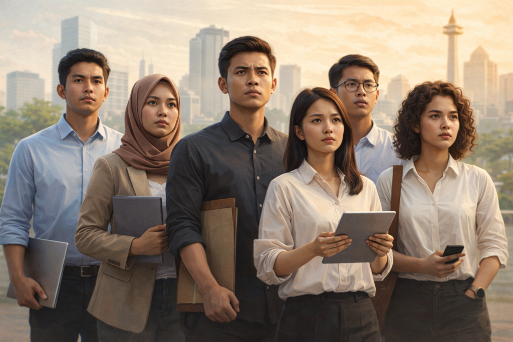Ilustrasi generasi muda Indonesia menghadapi tantangan pengangguran dengan tingkat 16,89 persen untuk usia 15-24 tahun