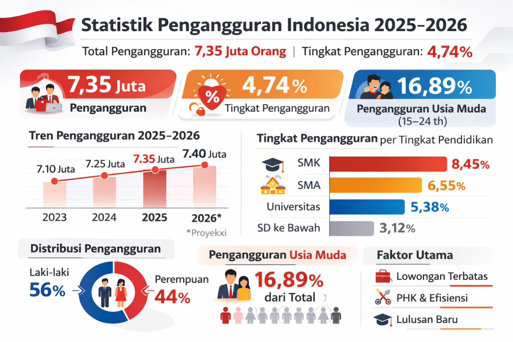 Infografis data statistik pengangguran Indonesia November 2025 menunjukkan 7,35 juta penganggur dengan generasi muda paling terdampak
