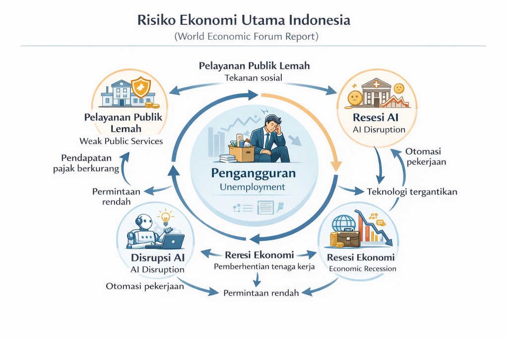 Diagram menunjukkan keterkaitan 5 risiko ekonomi Indonesia dari laporan WEF 2026 dengan pengangguran sebagai pusat masalah
