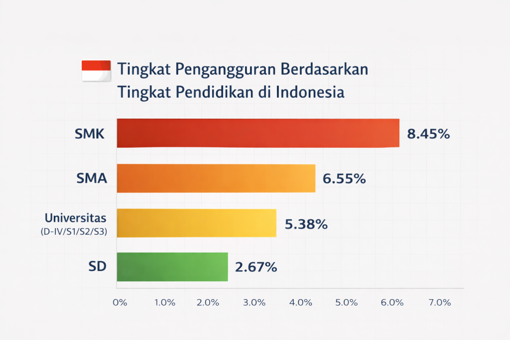 Tabel perbandingan tingkat pengangguran berdasarkan tingkat pendidikan di Indonesia dengan lulusan SMK tertinggi 8,45 persen