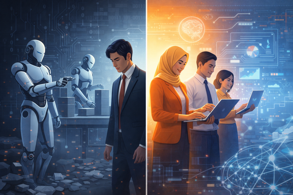 Konsep visual dampak ganda kecerdasan buatan terhadap pasar kerja Indonesia menunjukkan tantangan dan peluang