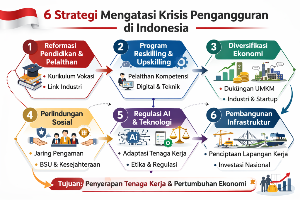 Diagram strategi 6 pilar solusi mengatasi risiko pengangguran Indonesia berdasarkan rekomendasi ekonom dan laporan WEF