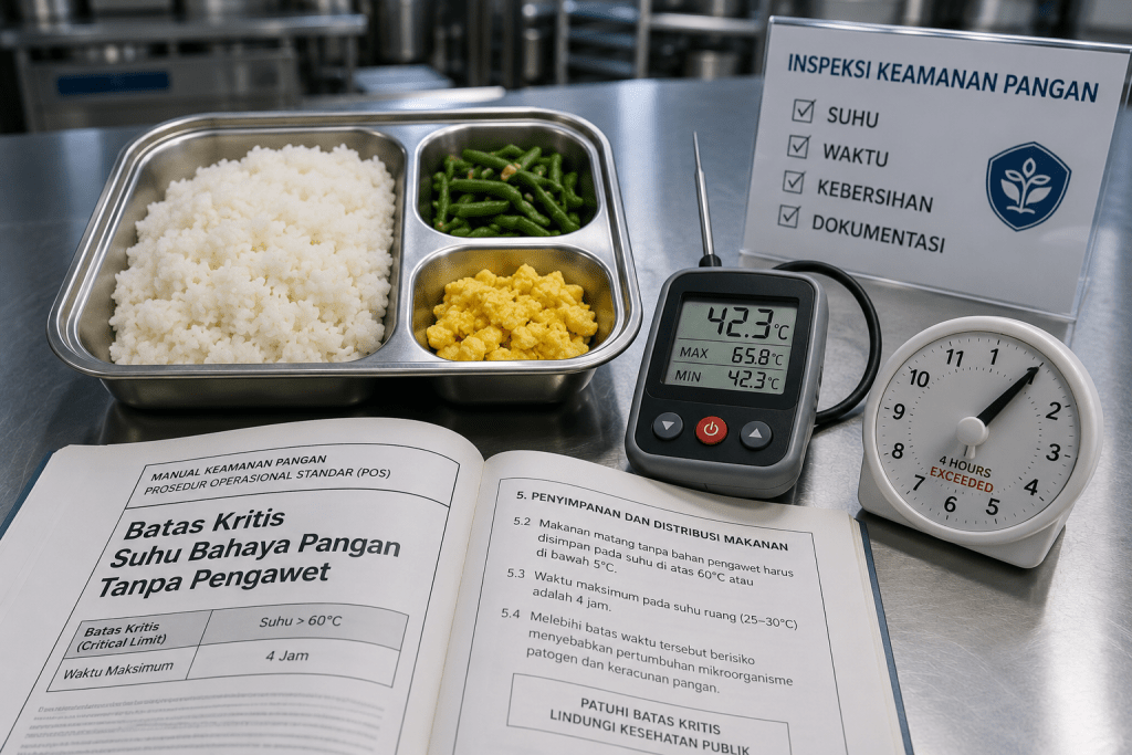 Termometer pengukur suhu dan nampan makanan MBG sebagai visualisasi batas kritis keamanan pangan tanpa pengawet.