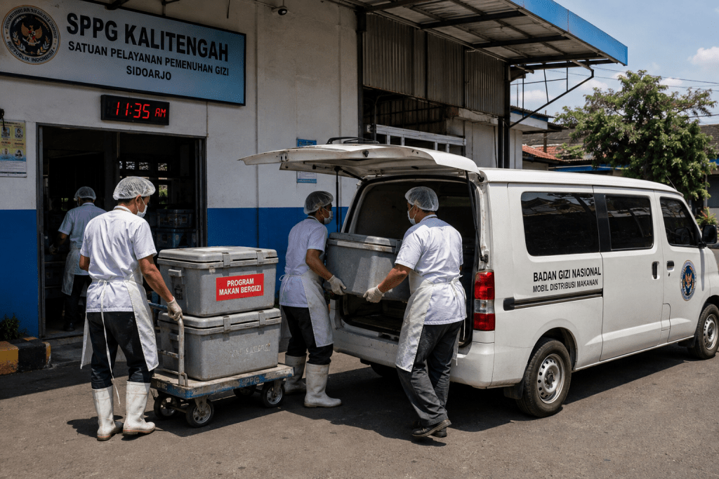 Petugas memuat wadah makanan ke van distribusi SPPG Kalitengah pada pukul 11.35 WIB melewati batas aman konsumsi.
