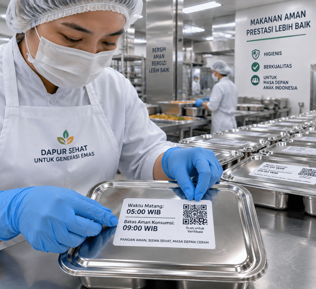 Penerapan SOP baru BGN berupa penempelan label digital individual pada setiap wadah ompreng makanan MBG.
