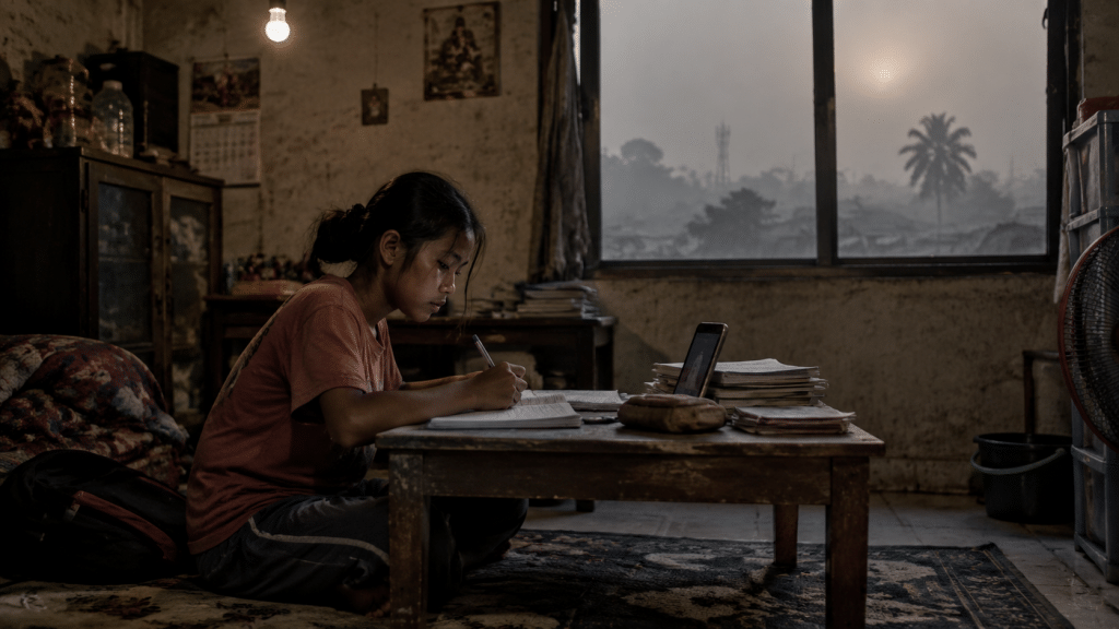 Warga Palembang Merana, Asap Karhutla Pekat Paksa Siswa Dipulangkan 5 Seorang siswa belajar mandiri menggunakan buku tulis di ruang tamu rumahnya yang temaram sebagai dampak kebijakan pembelajaran jarak jauh (PJJ).