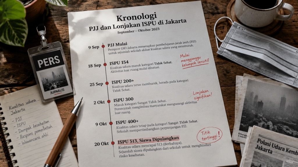 Warga Palembang Merana, Asap Karhutla Pekat Paksa Siswa Dipulangkan 6 Buku catatan lapangan jurnalis yang berisi daftar linimasa kronologis bencana asap Palembang dan kebijakan sekolah dari September hingga Oktober.