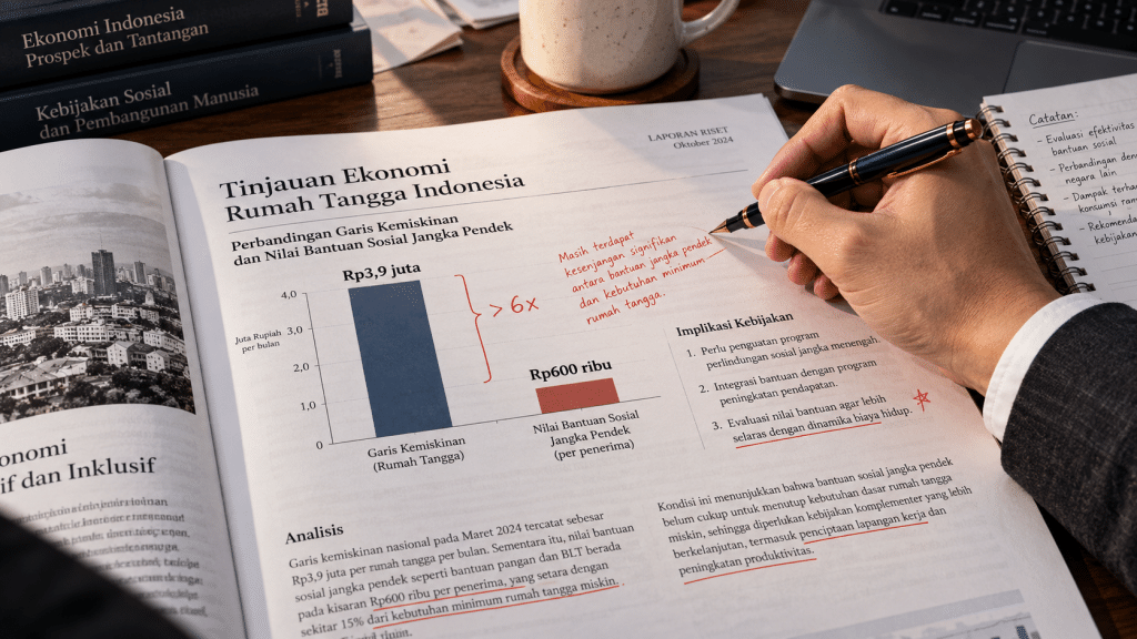 Peneliti ekonomi memeriksa grafik garis kemiskinan BPS dan perbandingan nilai riil bantuan beras terhadap pengeluaran rumah tangga.