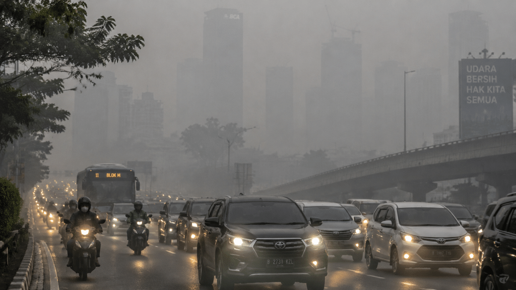 Warga Palembang Merana, Asap Karhutla Pekat Paksa Siswa Dipulangkan 4 Lalu lintas kendaraan di jalan raya Palembang bergerak pelan menyalakan lampu utama akibat pekatnya kabut asap meski modifikasi cuaca telah dilakukan.